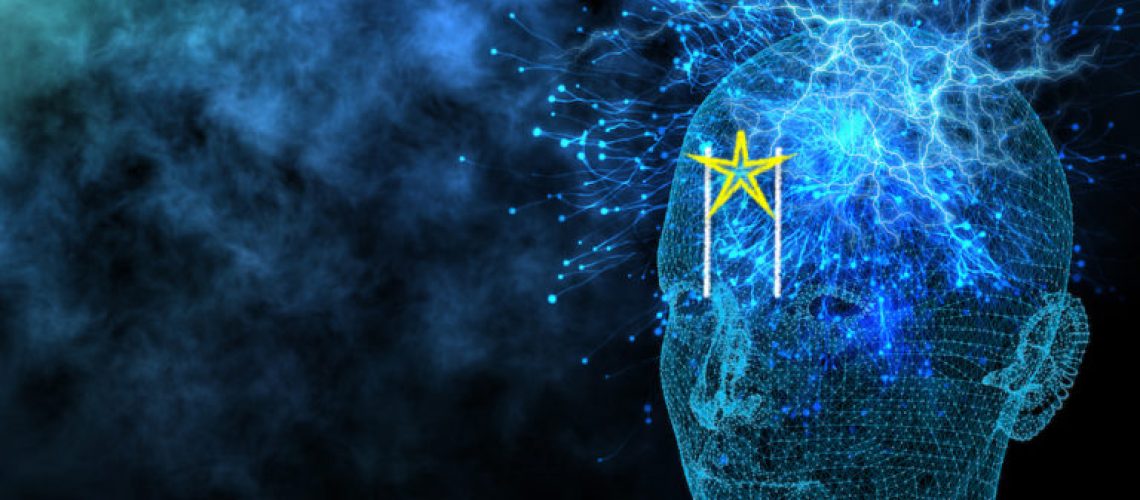 Abstract glowing polygonal head background with neurons. Artificial intelligence and information concept. 3D Rendering