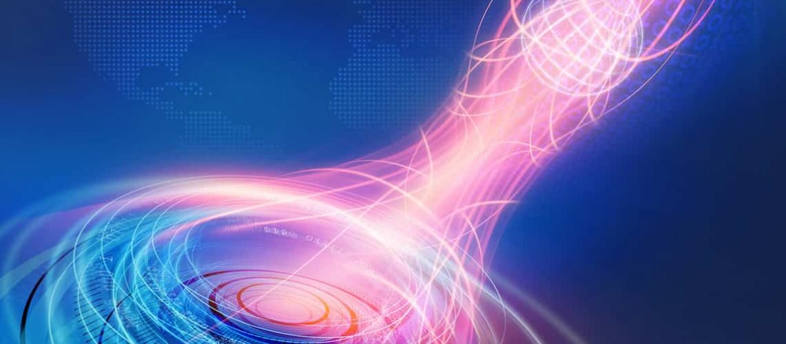 Global Connectivity Background through the Whole World, Connecting, Networking; Data Transferring,  Multiple Circles and Lines Moving Fast  Around the Grid Earth Globe in Front of Blue Background with Lens Flare.